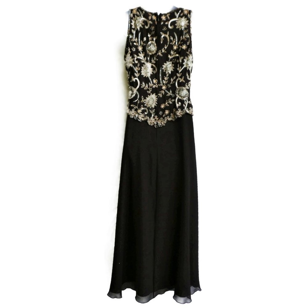 Evening Beaded Gown Brown Maxi Sleeveless JKara Sequin Silver Gold Flowy India 6 - Picture 3 of 10